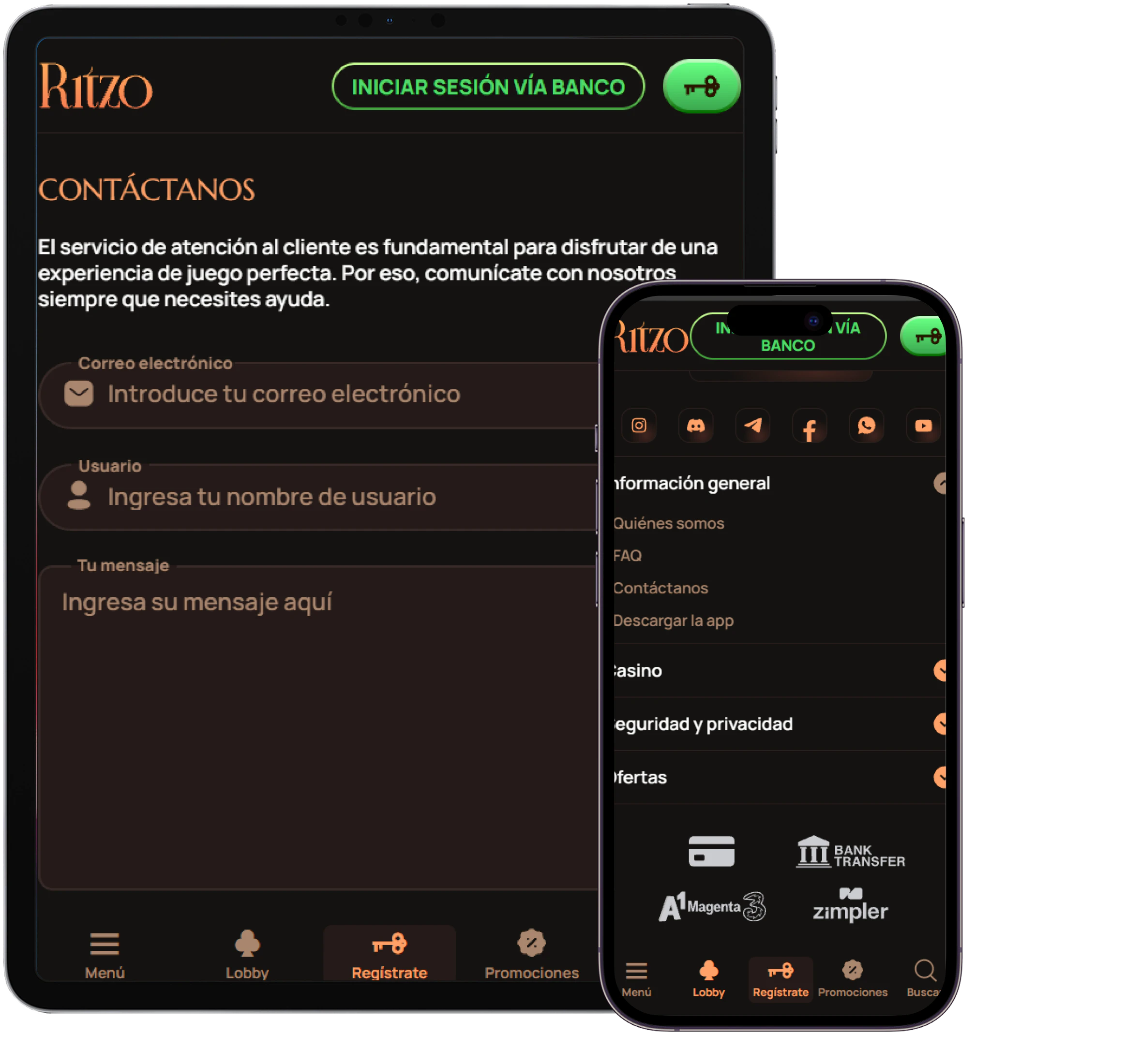 Ritzo Casino contacto y redes sociales